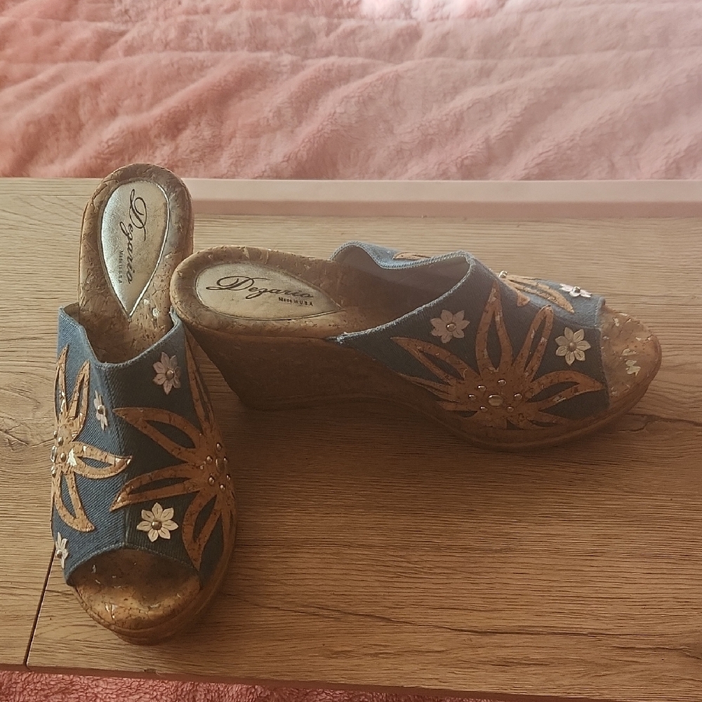 Women's Blue and Tan Wedge Sandals